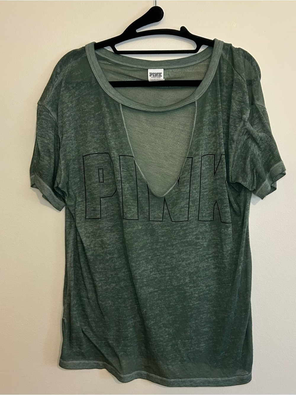 PINK Victoria's Secret Washed Olive Green Short Sleeve V-Cut Tee